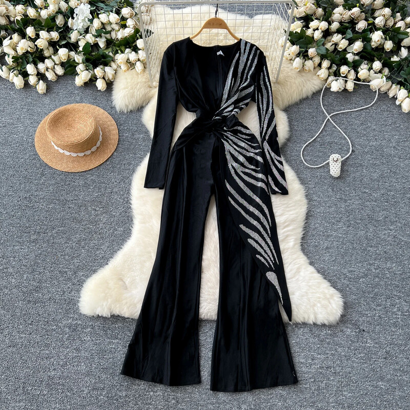 Salopetă șic cu decolteu în V, elegantă, cu strasuri, cu mâneci lungi, subțire, cu talie înaltă, toamnă iarnă, seară, îmbrăcăminte pentru femei