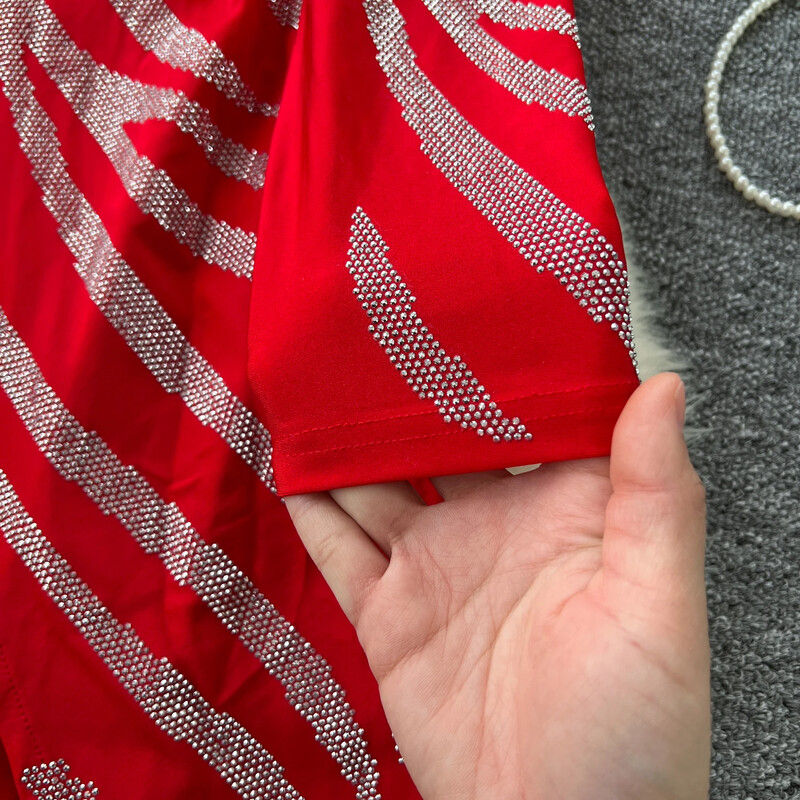 Salopetă șic cu decolteu în V, elegantă, cu strasuri, cu mâneci lungi, subțire, cu talie înaltă, toamnă iarnă, seară, îmbrăcăminte pentru femei