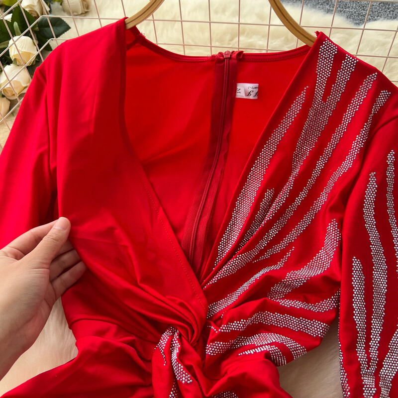 Salopetă șic cu decolteu în V, elegantă, cu strasuri, cu mâneci lungi, subțire, cu talie înaltă, toamnă iarnă, seară, îmbrăcăminte pentru femei