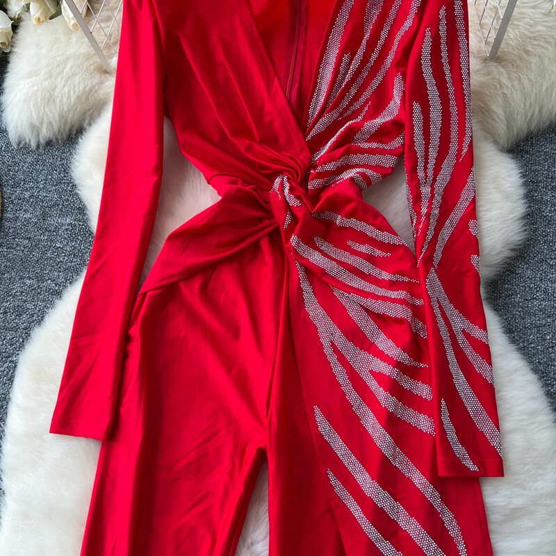 Salopetă șic cu decolteu în V, elegantă, cu strasuri, cu mâneci lungi, subțire, cu talie înaltă, toamnă iarnă, seară, îmbrăcăminte pentru femei