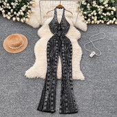 Vintage V-veida kakla apkakles, kalnu strēles, bez piedurknēm, seksīgs kombinezons bez aizmugures High Street Streetwear bikses, rudens apģērbs, sieviešu apģērbs