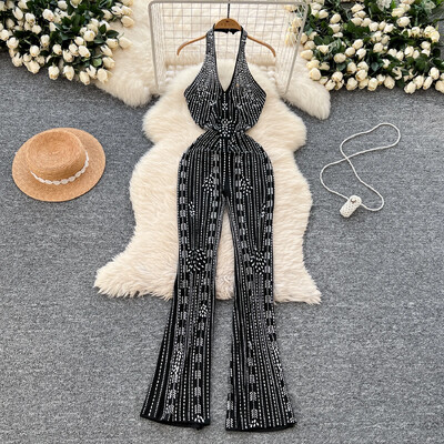 Vintage V-veida kakla apkakles, kalnu strēles, bez piedurknēm, seksīgs kombinezons bez aizmugures High Street Streetwear bikses, rudens apģērbs, sieviešu apģērbs