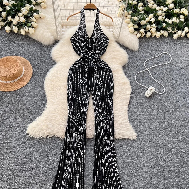 Vintage V-veida kakla apkakles, kalnu strēles, bez piedurknēm, seksīgs kombinezons bez aizmugures High Street Streetwear bikses, rudens apģērbs, sieviešu apģērbs