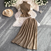 Eleganti sieviešu divdaļīgie komplekti, plāni, pusaugsta apkakle bez piedurknēm, vintage trikotāžas vestes augšdaļa un augsta jostasvieta, A-līnijas svārki rudens apģērbs