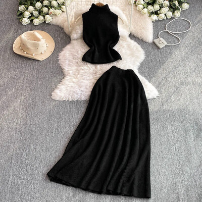 Eleganti sieviešu divdaļīgie komplekti, plāni, pusaugsta apkakle bez piedurknēm, vintage trikotāžas vestes augšdaļa un augsta jostasvieta, A-līnijas svārki rudens apģērbs