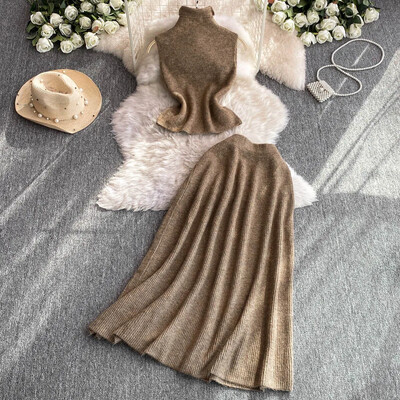 Eleganti sieviešu divdaļīgie komplekti, plāni, pusaugsta apkakle bez piedurknēm, vintage trikotāžas vestes augšdaļa un augsta jostasvieta, A-līnijas svārki rudens apģērbs