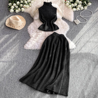 Eleganti sieviešu divdaļīgie komplekti, plāni, pusaugsta apkakle bez piedurknēm, vintage trikotāžas vestes augšdaļa un augsta jostasvieta, A-līnijas svārki rudens apģērbs