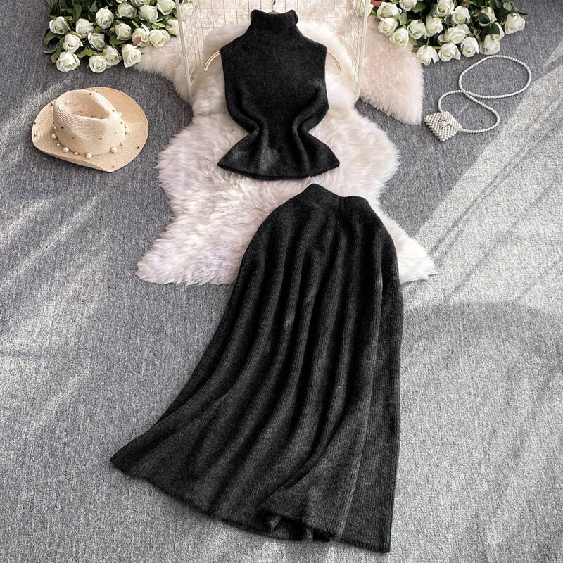 Eleganti sieviešu divdaļīgie komplekti, plāni, pusaugsta apkakle bez piedurknēm, vintage trikotāžas vestes augšdaļa un augsta jostasvieta, A-līnijas svārki rudens apģērbs