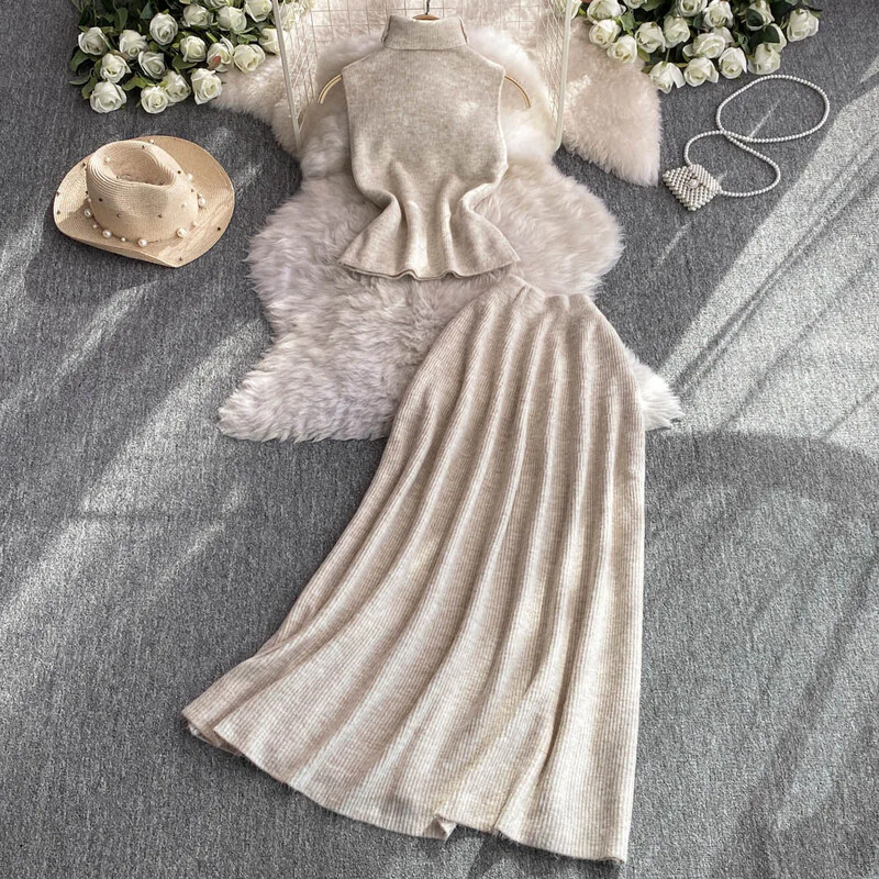 Eleganti sieviešu divdaļīgie komplekti, plāni, pusaugsta apkakle bez piedurknēm, vintage trikotāžas vestes augšdaļa un augsta jostasvieta, A-līnijas svārki rudens apģērbs