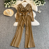 Шикозно V-образно деколте Винтидж с волани Шикозен горен гащеризон с дълъг ръкав High Street Streetwear Корейски широки панталони Есенни дамски дрехи