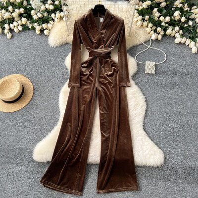 Vintage V veida kakla izgriezums, garām piedurknēm, tievs pārsējs, samta kombinezons High Street Streetwear Elegantas, platas bikses, ziemas sieviešu apģērbs