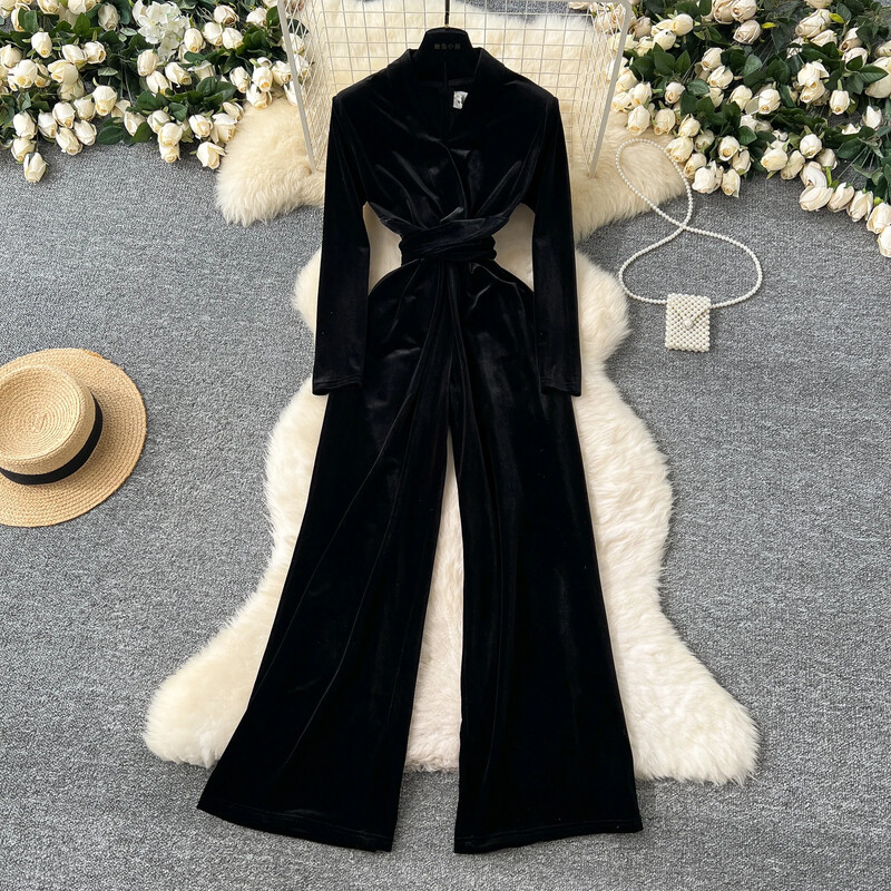 Vintage V veida kakla izgriezums, garām piedurknēm, tievs pārsējs, samta kombinezons High Street Streetwear Elegantas, platas bikses, ziemas sieviešu apģērbs