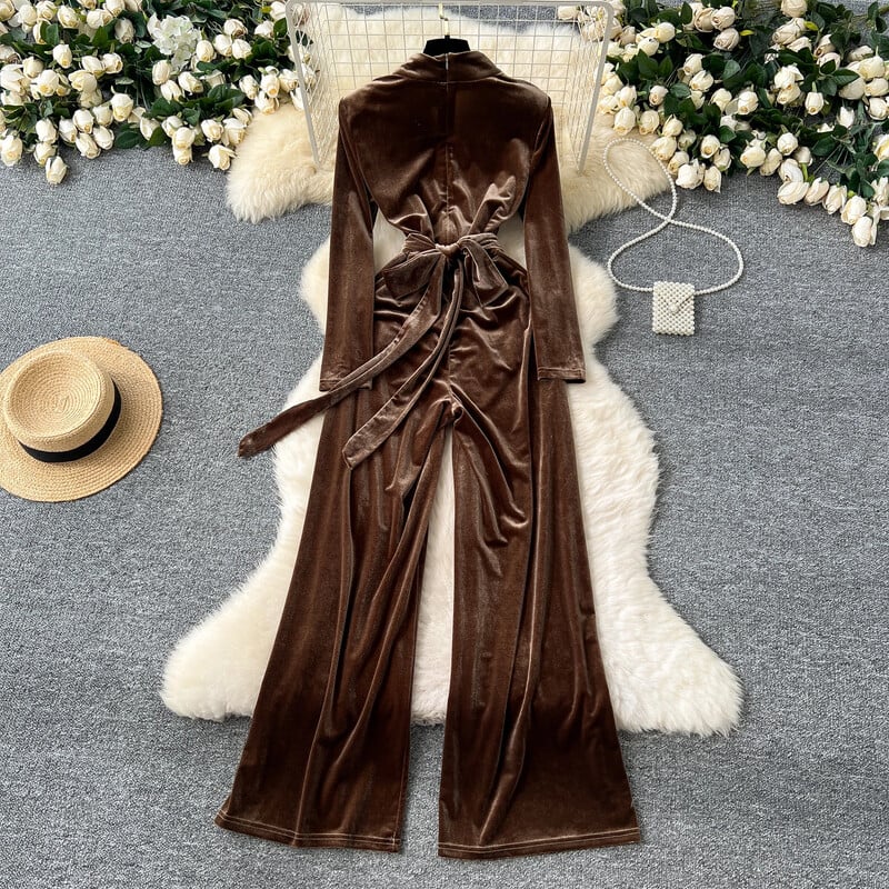 Vintage V veida kakla izgriezums, garām piedurknēm, tievs pārsējs, samta kombinezons High Street Streetwear Elegantas, platas bikses, ziemas sieviešu apģērbs