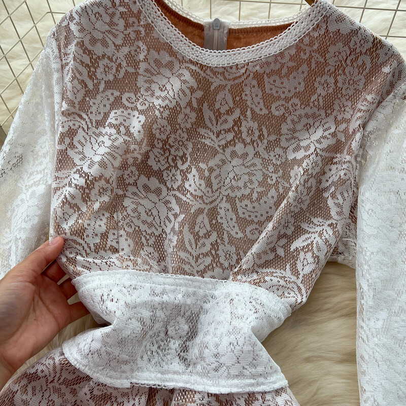 Elegants O veida kakla izgriezums, garām piedurknēm, tievs pārsējs, mežģīņu āķis, zieds High Street, augsts viduklis, platas bikses, kombinezons, rudens ziemas apģērbs