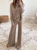 Modes Bateau apkakles augšdaļa ar garām piedurknēm + Bikses ar platām kājām 2-daļīgs komplekts sievietēm Elegants rudens vienkrāsains trikotāžas brīvs uzvalks sievietēm