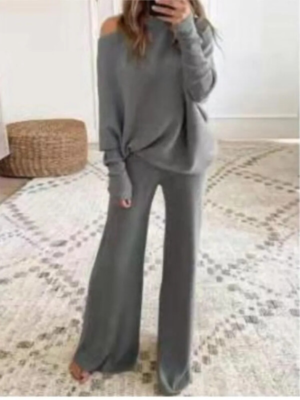 Modes Bateau apkakles augšdaļa ar garām piedurknēm + Bikses ar platām kājām 2-daļīgs komplekts sievietēm Elegants rudens vienkrāsains trikotāžas brīvs uzvalks sievietēm