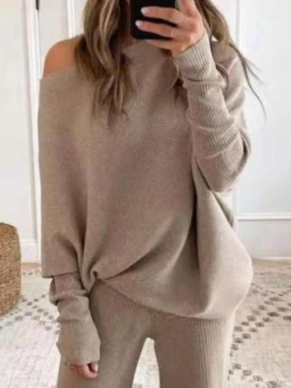 Modes Bateau apkakles augšdaļa ar garām piedurknēm + Bikses ar platām kājām 2-daļīgs komplekts sievietēm Elegants rudens vienkrāsains trikotāžas brīvs uzvalks sievietēm