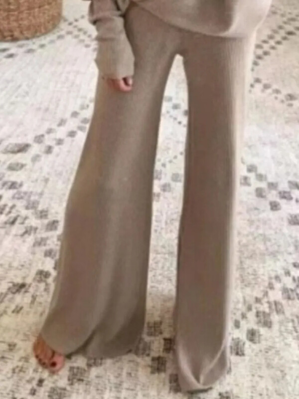 Modes Bateau apkakles augšdaļa ar garām piedurknēm + Bikses ar platām kājām 2-daļīgs komplekts sievietēm Elegants rudens vienkrāsains trikotāžas brīvs uzvalks sievietēm