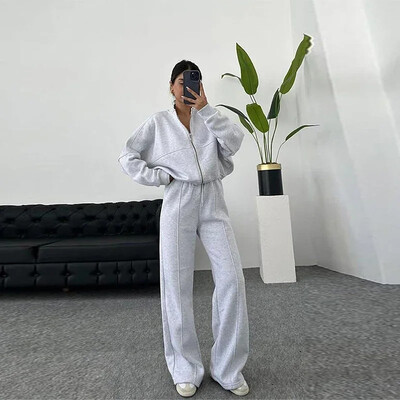 Set de pantaloni de hanorac casual femei primăvară toamnă cu fermoar jachetă cu decolteu largi, cu șireturi, pantaloni cu talie elastică, costume pentru damă, solid