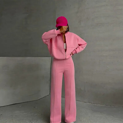 Set de pantaloni de hanorac casual femei primăvară toamnă cu fermoar jachetă cu decolteu largi, cu șireturi, pantaloni cu talie elastică, costume pentru damă, solid