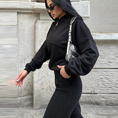 Naiste 2-osalised dressiülikonnad Retro tõmblukuga Bomber jakk dressipluus Kõrge vöökohaga naiste lahtised sametpüksid ülikond Spordirõivad