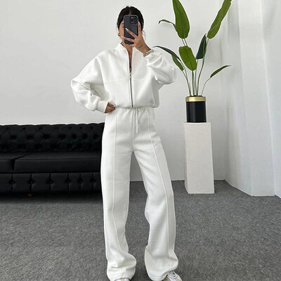 Naiste 2-osalised dressiülikonnad Retro tõmblukuga Bomber jakk dressipluus Kõrge vöökohaga naiste lahtised sametpüksid ülikond Spordirõivad