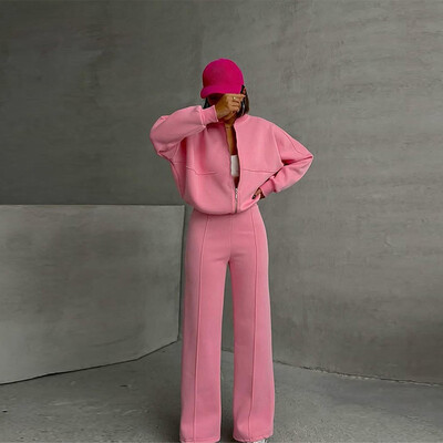 Naiste 2-osalised dressiülikonnad Retro tõmblukuga Bomber jakk dressipluus Kõrge vöökohaga naiste lahtised sametpüksid ülikond Spordirõivad