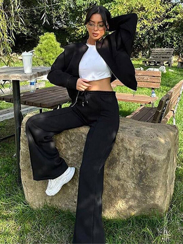 Naiste 2-osalised dressiülikonnad Retro tõmblukuga Bomber jakk dressipluus Kõrge vöökohaga naiste lahtised sametpüksid ülikond Spordirõivad