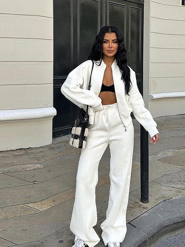 Naiste 2-osalised dressiülikonnad Retro tõmblukuga Bomber jakk dressipluus Kõrge vöökohaga naiste lahtised sametpüksid ülikond Spordirõivad