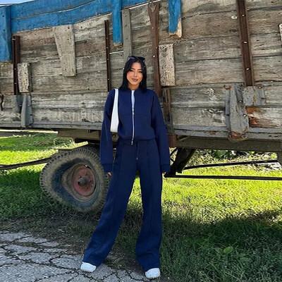 Set de pantaloni de hanorac casual, cu fermoar, pentru femei, cu decolteu în formă de O, jachetă bomber largi, cu șireturi, pantaloni cu talie înaltă, primăvară 2025, costume noi de damă