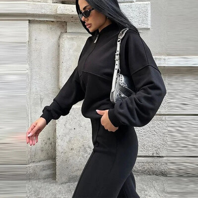 Set de pantaloni de hanorac casual, cu fermoar, pentru femei, cu decolteu în formă de O, jachetă bomber largi, cu șireturi, pantaloni cu talie înaltă, primăvară 2025, costume noi de damă