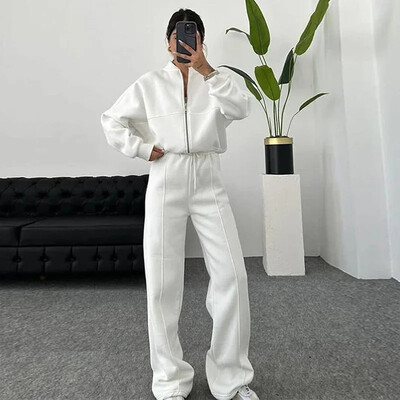 Set de pantaloni de hanorac casual, cu fermoar, pentru femei, cu decolteu în formă de O, jachetă bomber largi, cu șireturi, pantaloni cu talie înaltă, primăvară 2025, costume noi de damă