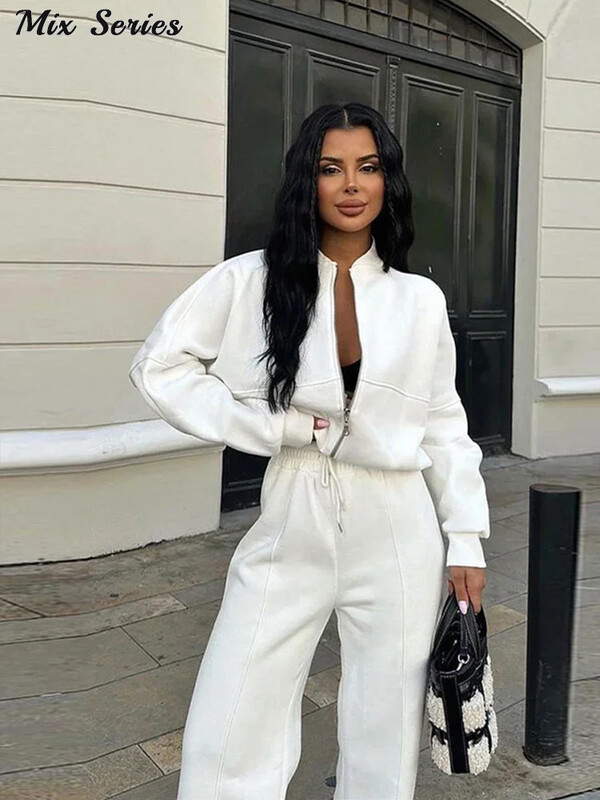 Set de pantaloni de hanorac casual, cu fermoar, pentru femei, cu decolteu în formă de O, jachetă bomber largi, cu șireturi, pantaloni cu talie înaltă, primăvară 2025, costume noi de damă