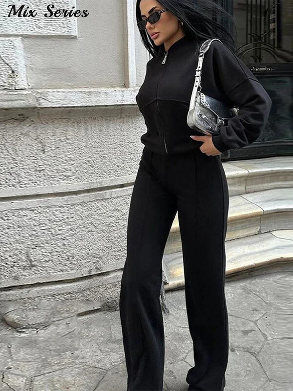 Set de pantaloni de hanorac casual, cu fermoar, pentru femei, cu decolteu în formă de O, jachetă bomber largi, cu șireturi, pantaloni cu talie înaltă, primăvară 2025, costume noi de damă