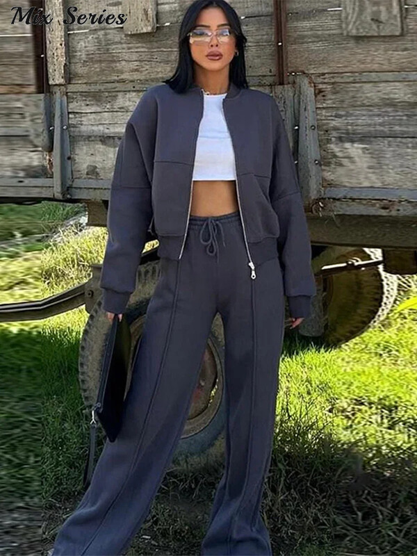 Set de pantaloni de hanorac casual, cu fermoar, pentru femei, cu decolteu în formă de O, jachetă bomber largi, cu șireturi, pantaloni cu talie înaltă, primăvară 2025, costume noi de damă