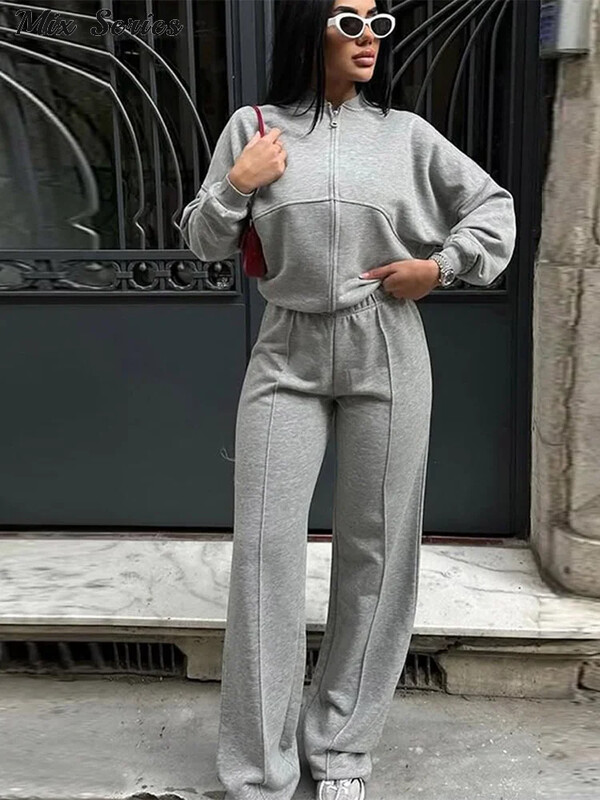 Set de pantaloni de hanorac casual, cu fermoar, pentru femei, cu decolteu în formă de O, jachetă bomber largi, cu șireturi, pantaloni cu talie înaltă, primăvară 2025, costume noi de damă