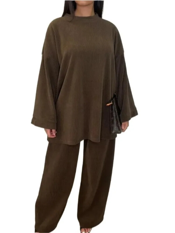 Rudens ziema vienkrāsains velveta bikšu komplekti Sieviešu brīvas, garām piedurknēm platas bikses Divdaļīgs komplekts Sieviešu apģērbs ceļā uz darbu