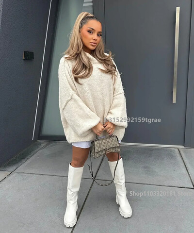 Pulover largi de epocă Moda pentru femei, iarnă, toamnă, cu gâtul O, lantern, cu mânecă lungă, pulover, Top Streetwear, tricotaj șic, pulover pentru femei