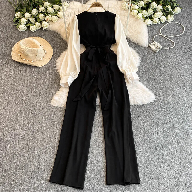 Chic, guler pătrat, epocă, bandaj, cu mânecă lungă, salopetă de top, îmbrăcăminte de stradă, pantaloni coreeni cu picioare largi, îmbrăcăminte de toamnă pentru femei