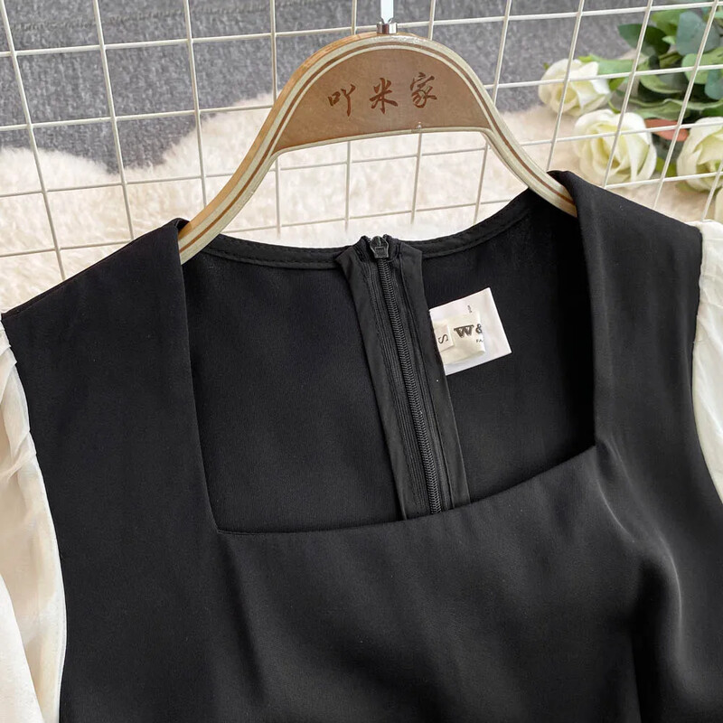 Chic, guler pătrat, epocă, bandaj, cu mânecă lungă, salopetă de top, îmbrăcăminte de stradă, pantaloni coreeni cu picioare largi, îmbrăcăminte de toamnă pentru femei