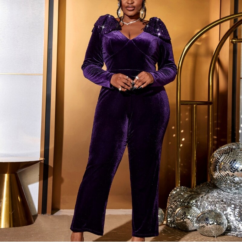 Elegantă, cu mânecă lungă, vintage, cu decolteu în V, cu fundă cu paiete, cu sclipici, salopetă subțire cu talie înaltă.