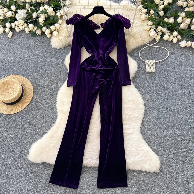 Elegantă, cu mânecă lungă, vintage, cu decolteu în V, cu fundă cu paiete, cu sclipici, salopetă subțire cu talie înaltă.