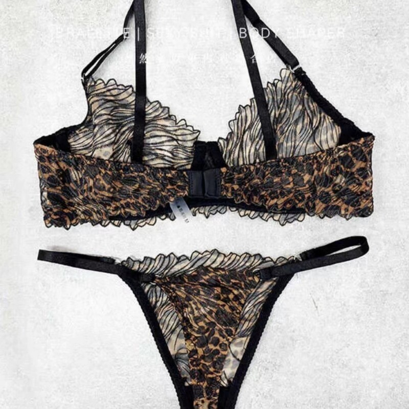 Sutien și slip senzual cu îmbinare din dantelă leopard Costume cu corset fără bretele Lenjerie cu set de sutien cu inel de oțel