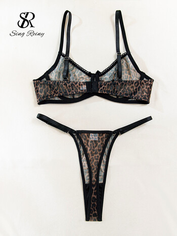 SINGREINY Прозрачен мрежест сутиен Brief Sets Female Strap Sheer Sutien+Erotic Thongs Korean Style Leopard Print Секси комплекти бельо