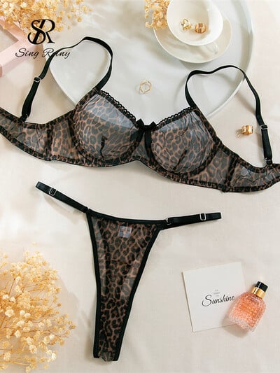 SINGREINY Прозрачен мрежест сутиен Brief Sets Female Strap Sheer Sutien+Erotic Thongs Korean Style Leopard Print Секси комплекти бельо