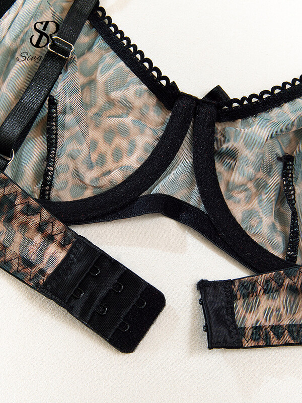 SINGREINY caurspīdīgi sieta krūštura biksīšu komplekti Sieviešu siksniņa caurspīdīgs krūšturis + erotiski siksnas korejiešu stila leoparda apdrukas seksīgi apakšveļas komplekti