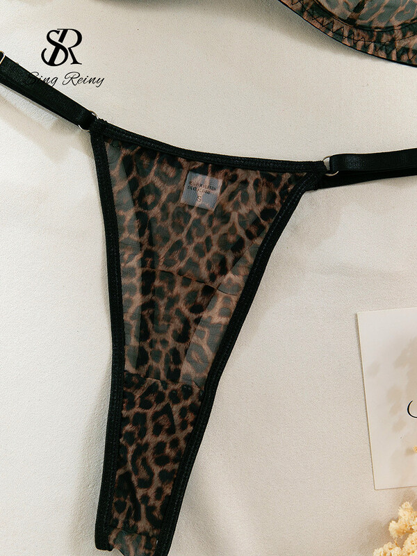SINGREINY caurspīdīgi sieta krūštura biksīšu komplekti Sieviešu siksniņa caurspīdīgs krūšturis + erotiski siksnas korejiešu stila leoparda apdrukas seksīgi apakšveļas komplekti