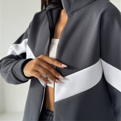 Seturi de pantaloni casual pentru femei Jachete cu fermoar cu revere contrastante, cu talie elastică, pantaloni largi, costume pentru femei, haine sportive de primăvară 2025