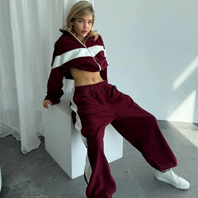 Seturi de pantaloni casual pentru femei Jachete cu fermoar cu revere contrastante, cu talie elastică, pantaloni largi, costume pentru femei, haine sportive de primăvară 2025