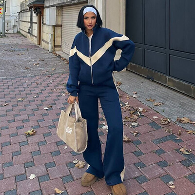 Seturi de pantaloni casual pentru femei Jachete cu fermoar cu revere contrastante, cu talie elastică, pantaloni largi, costume pentru femei, haine sportive de primăvară 2025